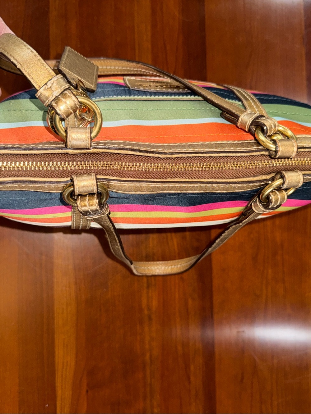 Coach Legacy Stripe Tote C0868-12421 Multicolor Sateen Gold Leather Trim - Picture 11 of 16